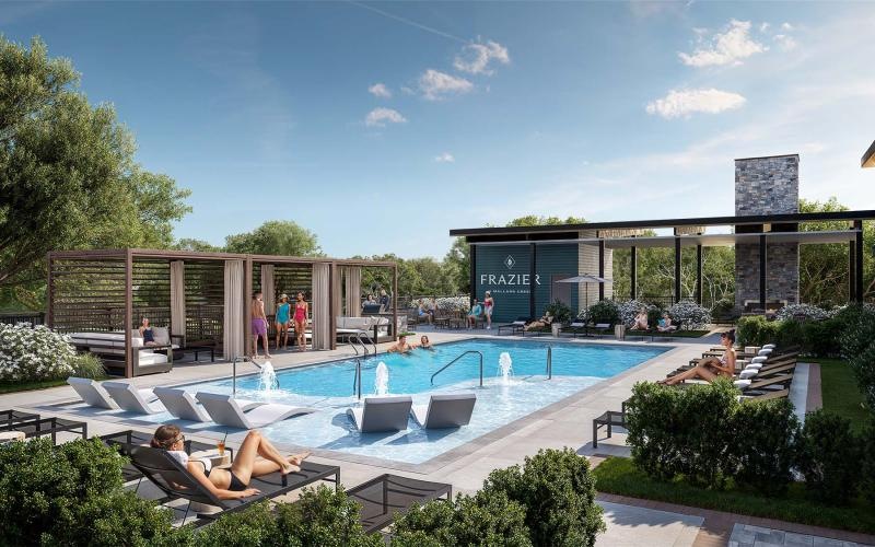 a swimming pool with people around it