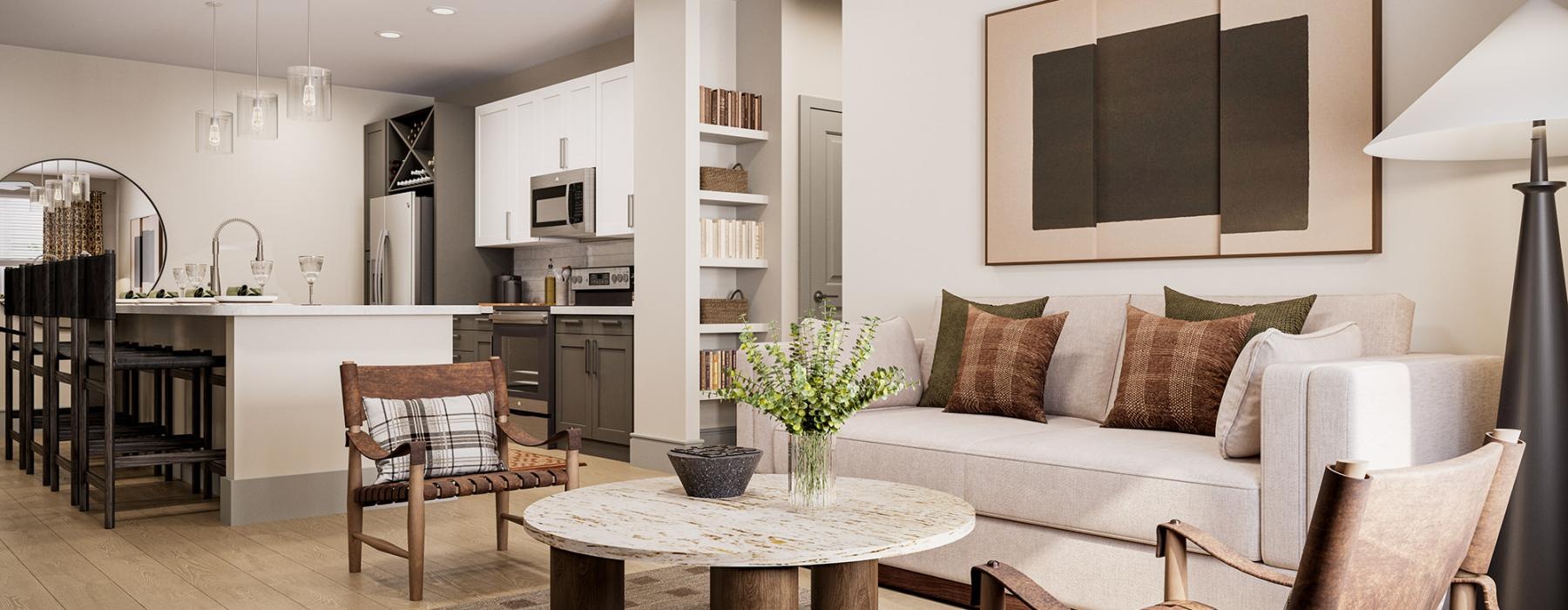 a living room with a couch and chairs